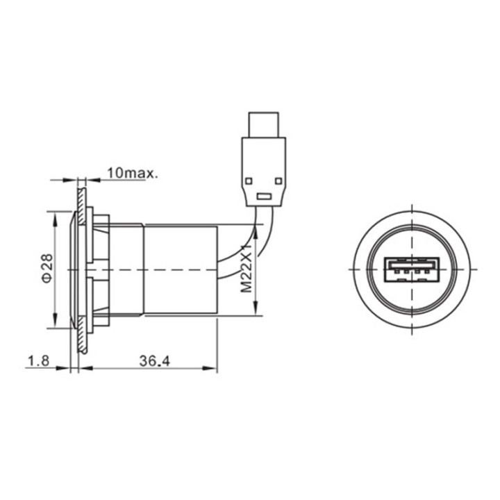 USB 3.0 Port Panel aluminum 24mm hole with ring nut