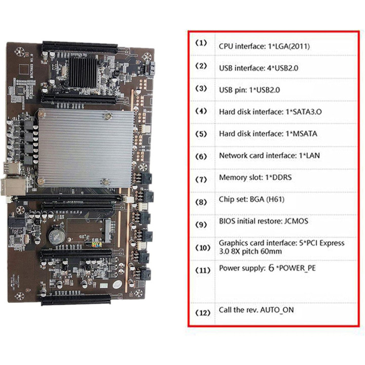 Motherboard for Mining BTC79X5 V1.0 x5 PCI-E + Xeon E5-26 CPU + 4GB DDR3 Ram
