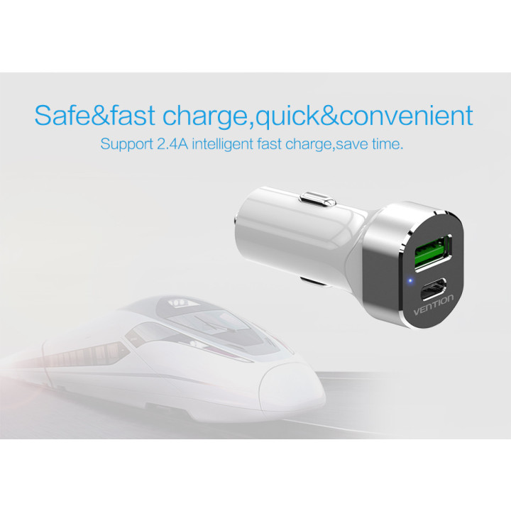 Caricabatterie da auto 2 porte Usb-A e Usb-C - Carica Rapida 2,4A