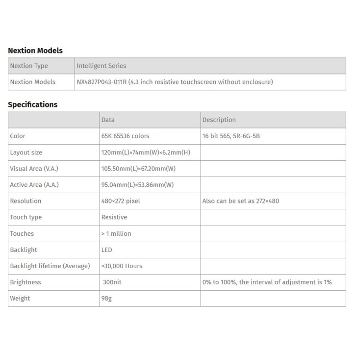 Nextion NX4827P043-011R Display Touch Screen 4,3 p - Intelligent Series Resistivo