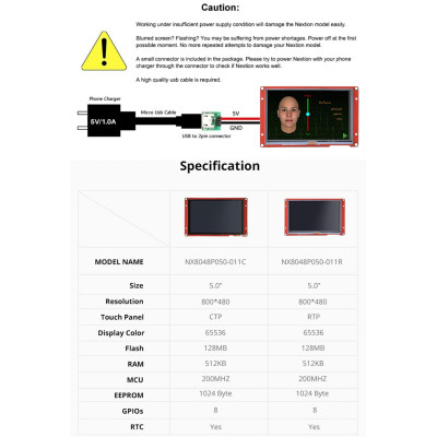 Nextion NX8048P050-011R Display Touch Screen 5p. - Serie Intelligent - Resistivo